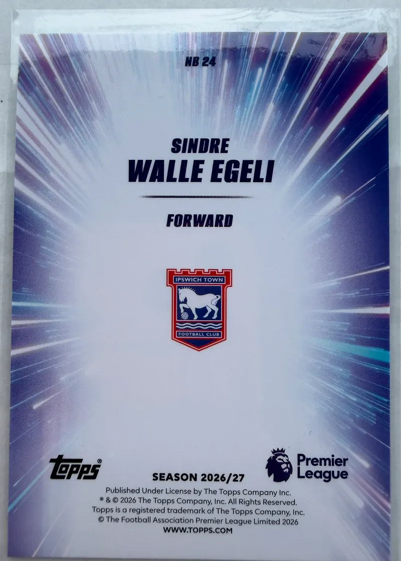 Sindre Walle Egeli, Topps Premier League 2026/27 — rewers karty NB 24 z herbem Ipswich Town