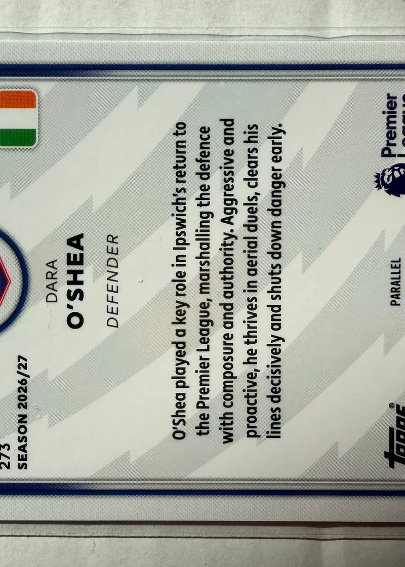 Dara O'Shea, Topps Premier League 2026/27 nr 273 — rewers z herbem Ipswich Town i oznaczeniem PARALLEL