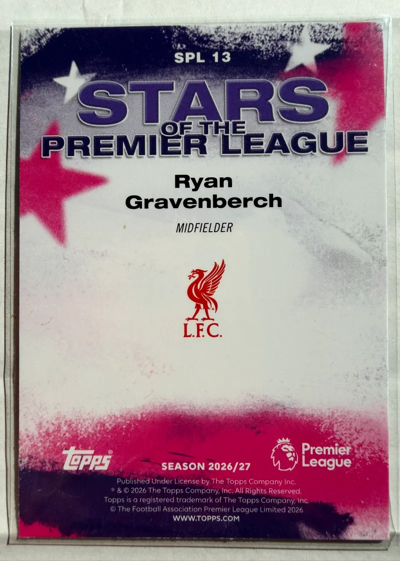 Ryan Gravenberch, Topps Premier League 2026/27 — rewers karty SPL 13 z herbem Liverpoolu
