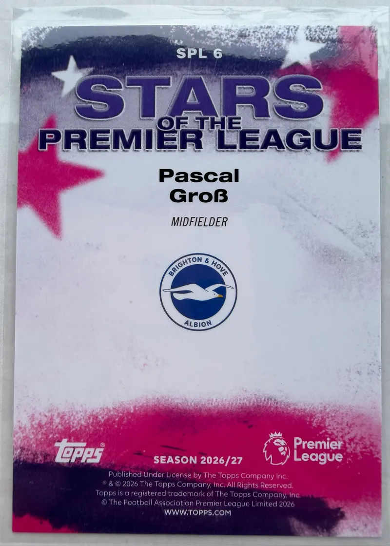 Pascal Groß, Topps Premier League 2026/27 — rewers karty SPL 6 z nagłówkiem podserii, gwiazdami i herbem Brighton & Hove Albion