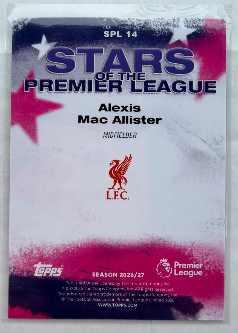 Alexis Mac Allister, Topps Premier League 2026/27 — rewers karty SPL 14 z nagłówkiem podserii, gwiazdami i herbem Liverpoolu