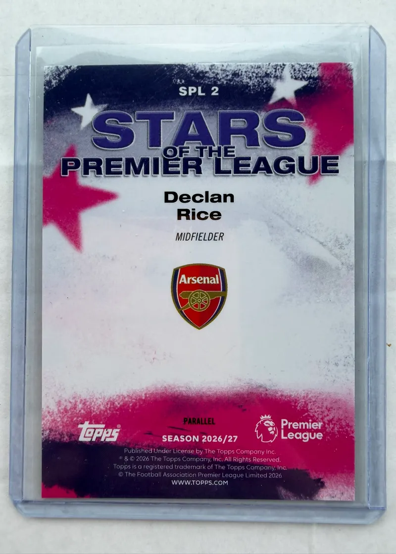 Declan Rice, Topps Premier League 2026/27 — rewers karty SPL 2 z nagłówkiem podserii, herbem Arsenalu i oznaczeniem PARALLEL