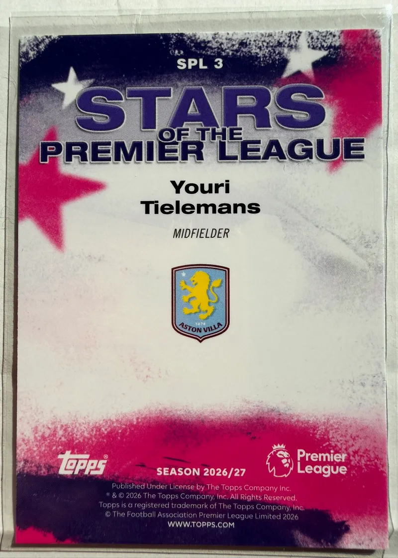 Youri Tielemans, Topps Premier League 2026/27 — rewers karty SPL 3 z herbem Aston Villi