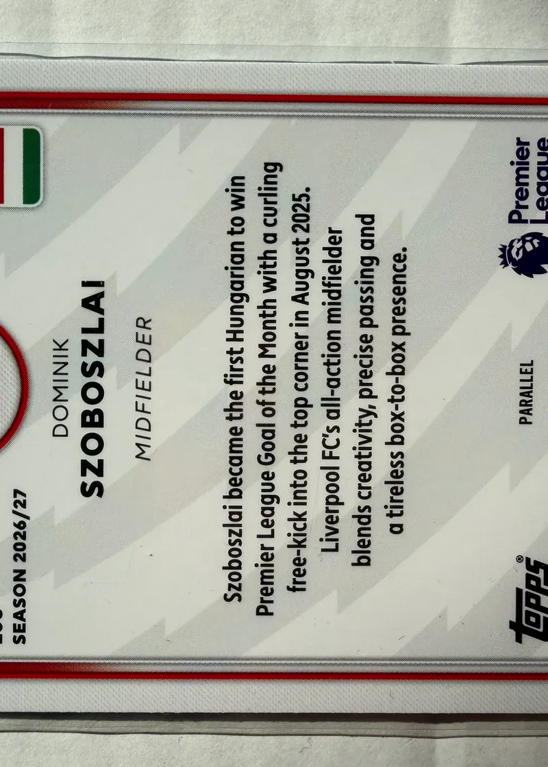 Dominik Szoboszlai, Topps Premier League 2026/27 nr 168 — rewers z opisem zawodnika i oznaczeniem PARALLEL
