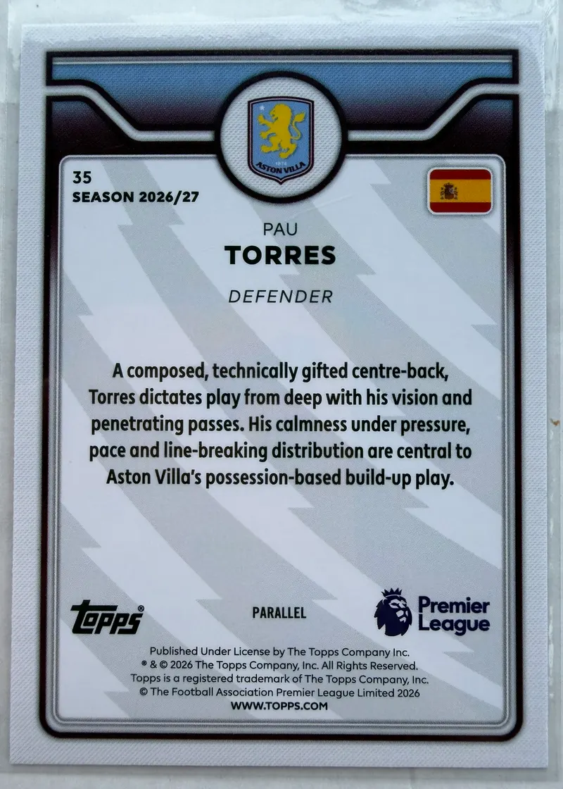 Pau Torres, Topps Premier League 2026/27 nr 35 PL Parallel — rewers z opisem gry stopera, hiszpańską flagą i oznaczeniem PARALLEL