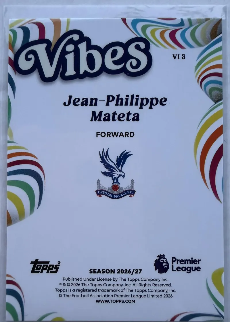 Jean-Philippe Mateta, Topps Premier League 2026/27 Vibes VI 5 — rewers z herbem Crystal Palace