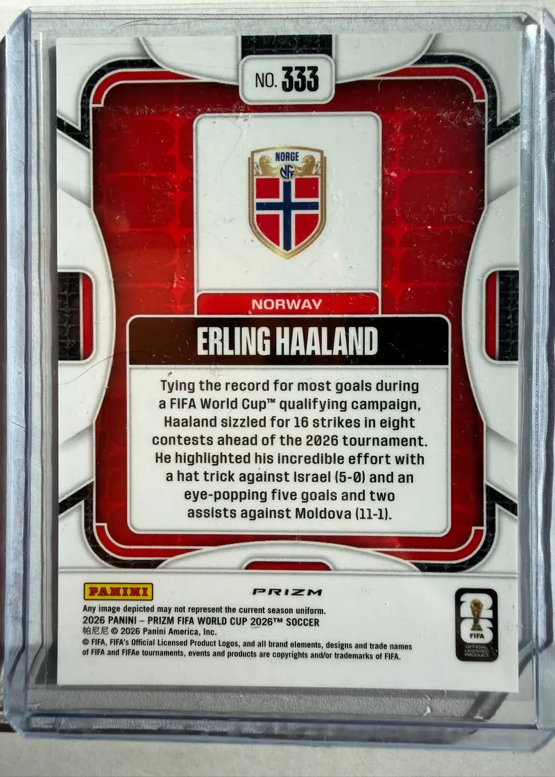 Erling Haaland, Panini Prizm FIFA World Cup 2026, karta 333 — rewers z herbem norweskiej federacji i opisem eliminacji do mistrzostw świata