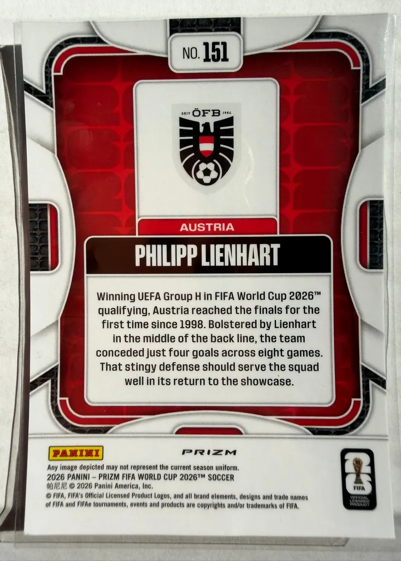 Philipp Lienhart, Panini Prizm FIFA World Cup 2026, karta 151 — rewers z herbem ÖFB i opisem eliminacji