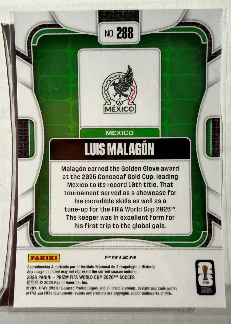 Luis Malagón, Panini Prizm FIFA World Cup 2026, karta 288 — rewers z herbem reprezentacji Meksyku i opisem Złotego Pucharu CONCACAF