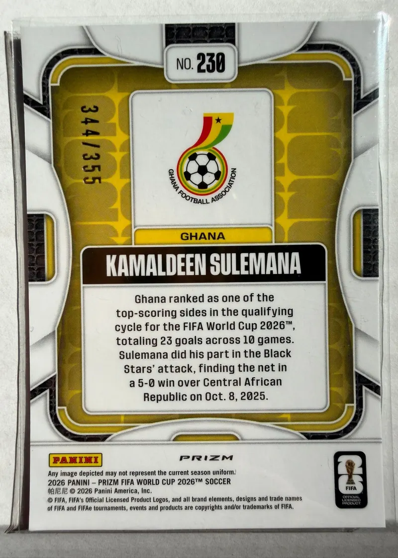 Kamaldeen Sulemana, Panini Prizm FIFA World Cup 2026, karta 230 — rewers z herbem federacji Ghany, numeracją 344/355 i opisem eliminacji