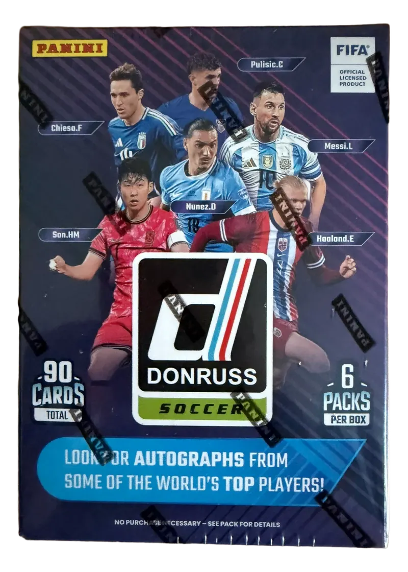 Panini Donruss Soccer 2024/25, nieotwarty blaster z Messim, Sonem, Haalandem, Chiesą, Pulisiciem i Núñezem w strojach reprezentacji oraz napisem 90 cards total, 6 packs per box