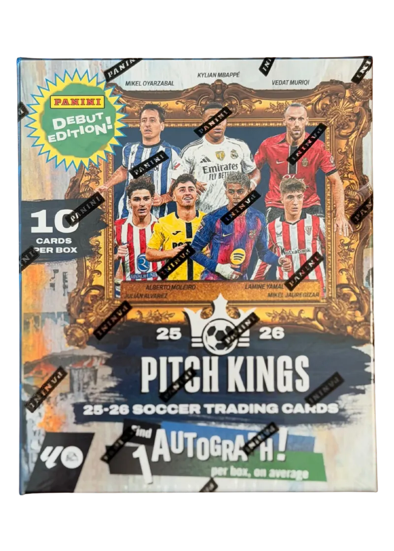 Panini Pitch Kings 2025/26, nieotwarty hobby box, front opakowania ze złotą ramą obrazu i zawodnikami LaLiga