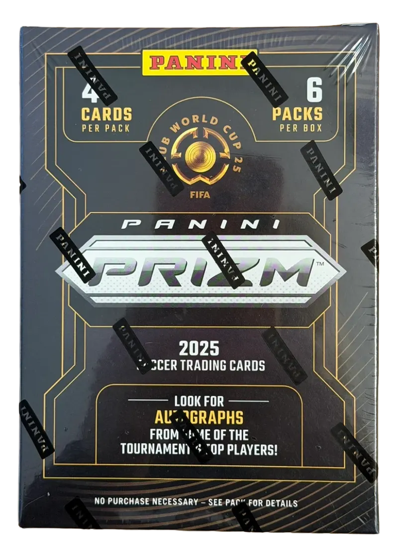 Panini Prizm FIFA Club World Cup 2025, nieotwarty blaster w fabrycznej folii z plombami Panini, front z logo turnieju i konfiguracją 6 pakietów po 4 karty