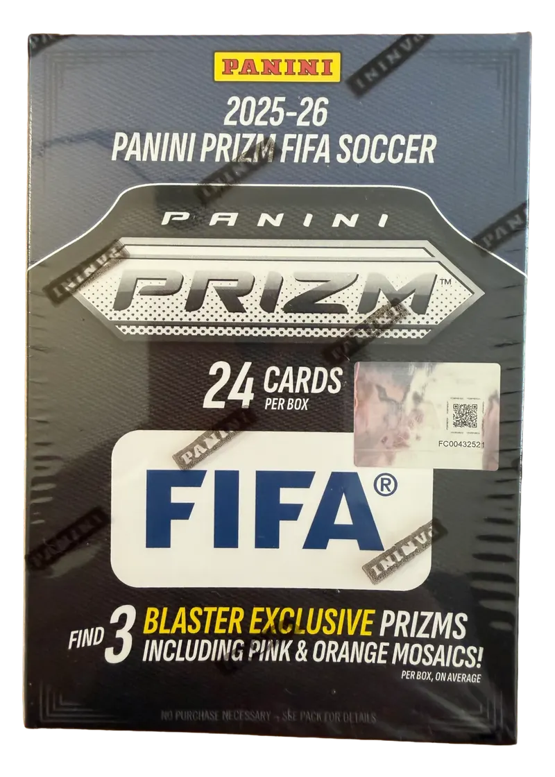 Panini Prizm FIFA Soccer 2025/26, nieotwarty blaster, front opakowania z logo PRIZM i FIFA oraz napisem 24 cards per box