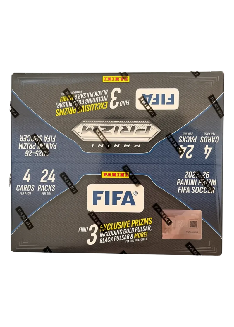 Panini Prizm FIFA Soccer 2025/26, nieotwarty retail box, wieko opakowania z logo PRIZM i FIFA oraz napisem 24 packs per box, 4 cards per pack