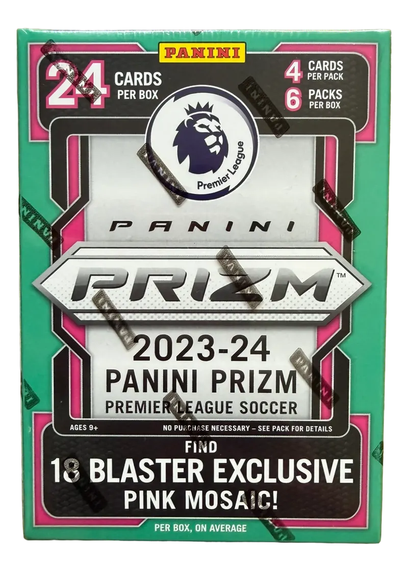 Panini Prizm Premier League 2023/24, nieotwarty blaster w zielono-różowym opakowaniu z logo Premier League i napisem 24 cards per box, 4 cards per pack, 6 packs per box