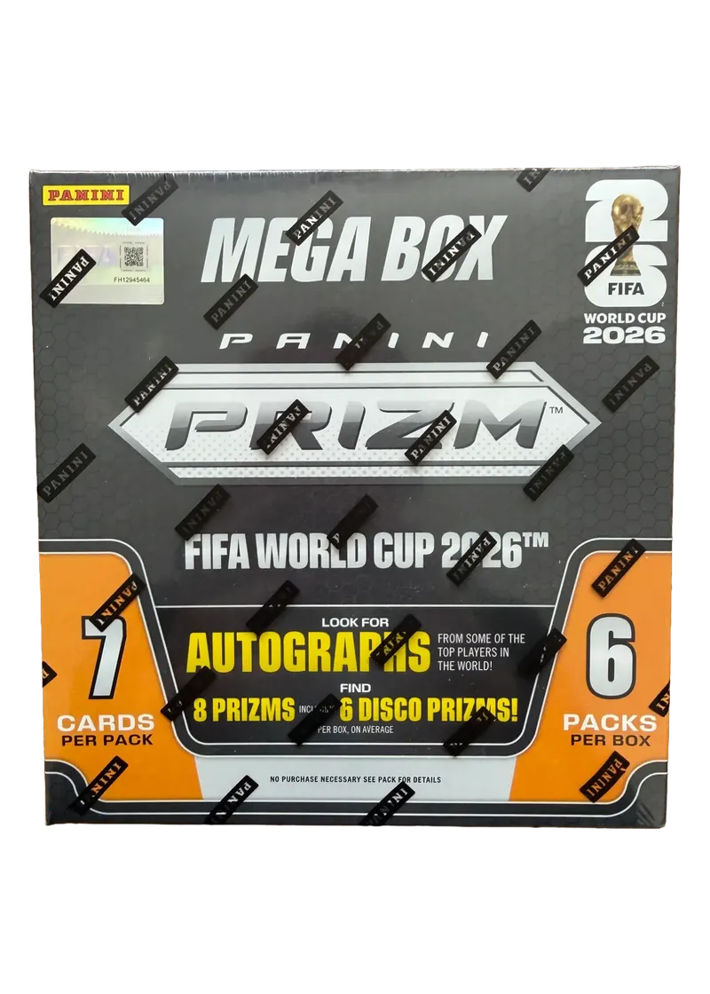 Panini Prizm FIFA World Cup 2026 Mega Box, nieotwarte opakowanie w czarno-pomarańczowej szacie z logo mistrzostw świata i napisem 7 cards per pack, 6 packs per box