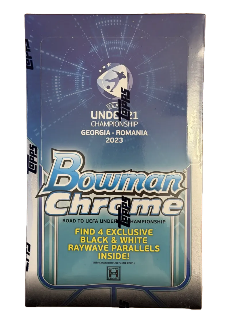 Topps Bowman Chrome Road to UEFA Under-21 Championship 2023, nieotwarty Lite Box w fabrycznej folii, front z logo mistrzostw Europy U-21 Gruzja-Rumunia i zapowiedzią czterech paralleli Black & White RayWave