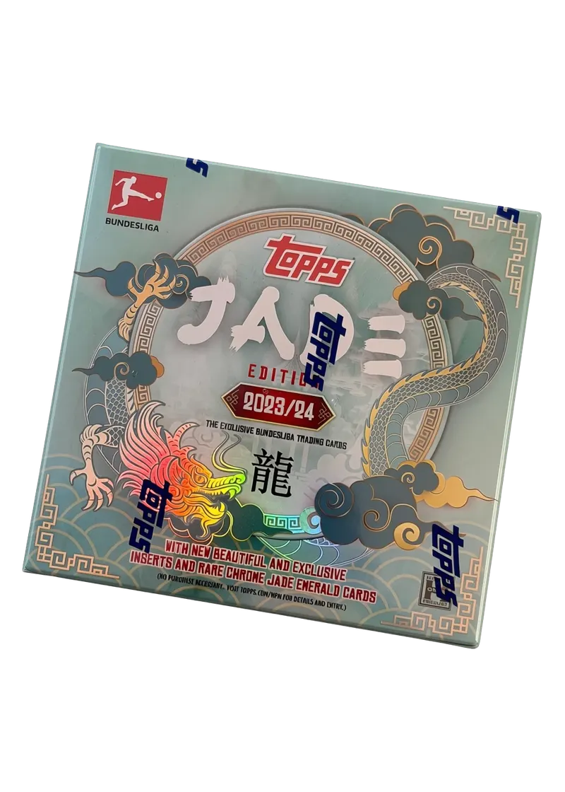 Topps Bundesliga Jade Edition 2023/24, nieotwarty hobby box, front opakowania ze smokiem i napisem JADE na jadeitowym tle