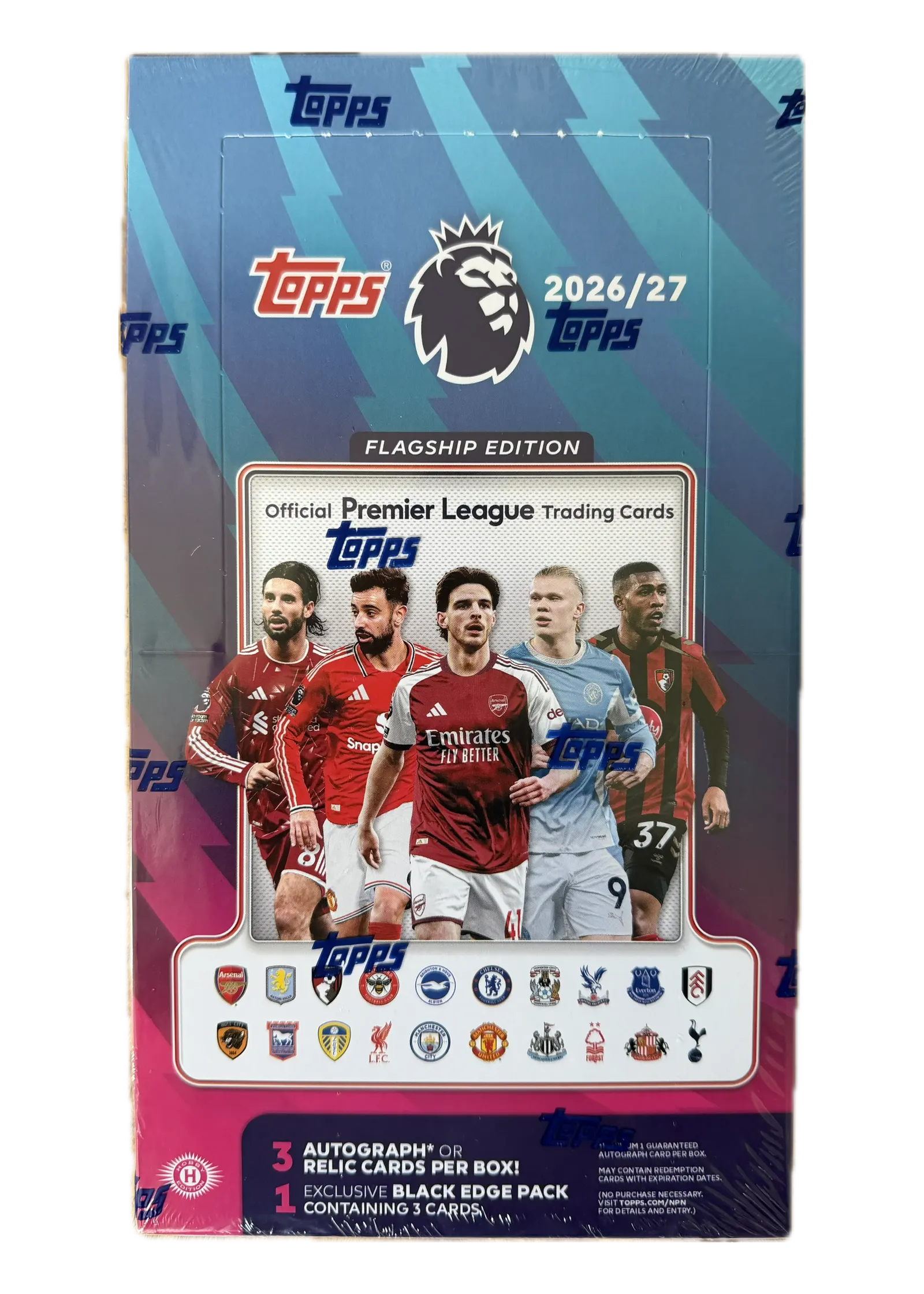 Topps Premier League 2026/27 Flagship Edition, hobby box w fabrycznej folii — front z lwem Premier League, pięcioma piłkarzami i herbami dwudziestu klubów