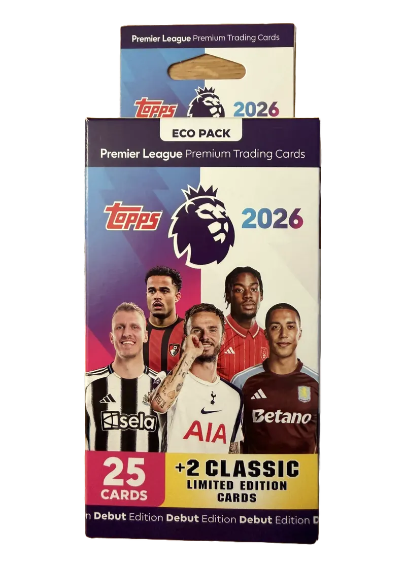 Topps Premier League 2026 Debut Edition, nieotwarty eco pack, front opakowania z logo Premier League i napisem 25 cards plus 2 classic limited edition cards