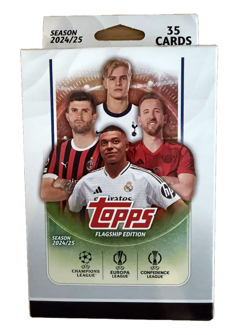 Topps UEFA Club Competitions Flagship Edition 2024/25, nieotwarty hanger box, front opakowania z Mbappé, Kanem i Pulisiciem oraz logo trzech rozgrywek UEFA