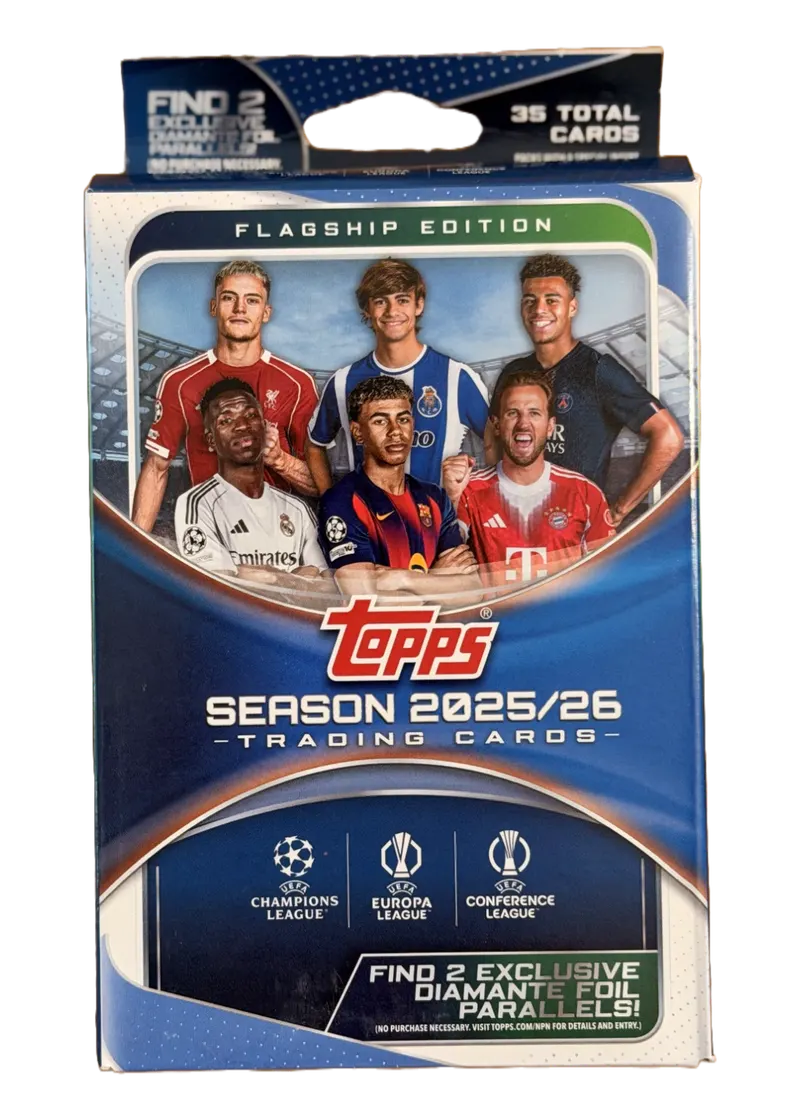 Topps UEFA Club Competitions Flagship Edition 2025/26, nieotwarty hanger box, front opakowania z zawodnikami i logo trzech rozgrywek UEFA