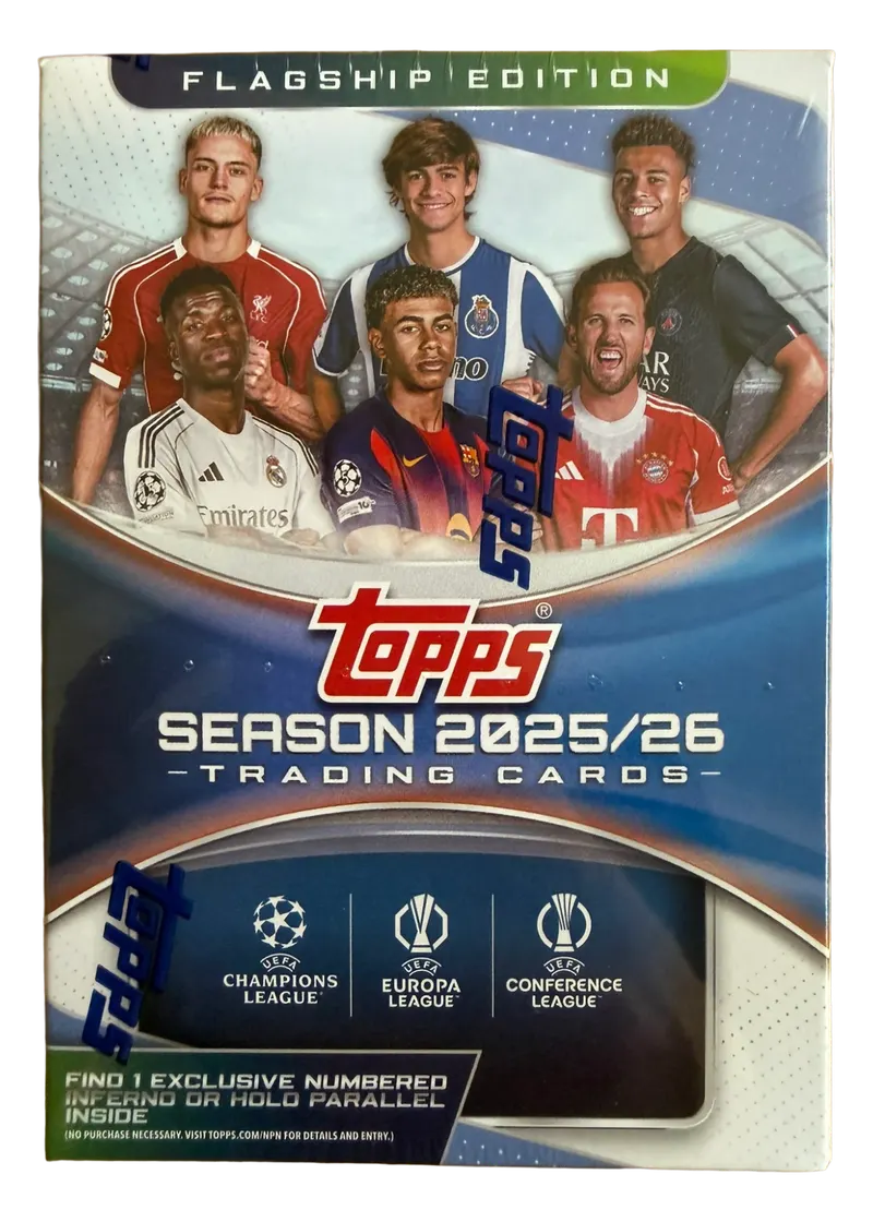 Topps UEFA Club Competitions Flagship Edition 2025/26, nieotwarty value box z zawodnikami na froncie, logami Champions League, Europa League i Conference League oraz napisem find 1 exclusive numbered Inferno or Holo parallel inside